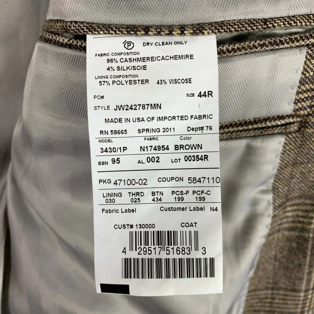 John W. Nordstrom Signature Cashmere Silk Sport Coat Mens 44R Brown Plaid Blazer